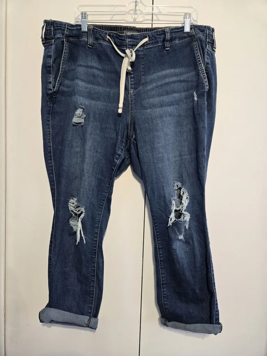Torrid Size 2XS Distressed Drawstring Denim Jeans Stretch Pull-On Boyfriend Crop - Picture 1 of 5